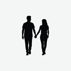 Black silhouette of a couple walking hand in hand, minimalist vector style on white background. Perfect for love, relationship, or companionship-themed design projects.