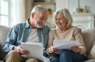 Senior couple reviews financial documents at home. Elderly man, woman discuss bills, investments, retirement planning. Mature married pair manage finances, budget using paperwork. Senior citizens pay