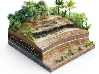 Technical diagram of a landslide warning system showing subsurface sensors, surface tension cables, vegetation layers and erosion barriers in the context of climate adaptation