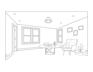 Hand drawing modern living room with white background, sketch line art, Line drawing of furniture for living room interior with chair lamp and potted plant, large windows,Modern interior and furniture