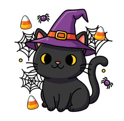 The cheerful cat features bright yellow eyes, a small pink nose, and is surrounded by charming Halloween elements like candy corn, spiders, and spiderwebs.