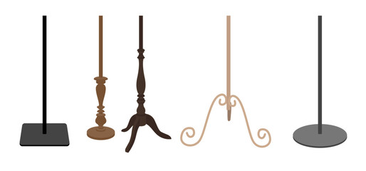 Set of floor lamp stands in different styles. Vector illustration of metal, wooden, and vintage lamp bases. Isolated on white background.