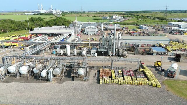 Aerial drone shot of BOC gas production facility with gas cylinders and piping industrial manufacturing energy generation Immingham UK