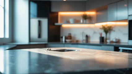 Brushed Stainless Steel Kitchen Reflects Light on Grey Marble Countertops
