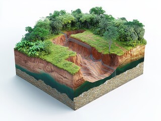 Technical diagram of a landslide warning system showing subsurface sensors, surface tension cables, vegetation layers and erosion barriers in the context of climate adaptation