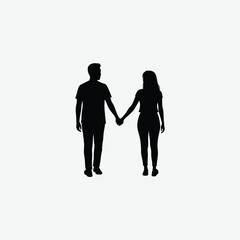 Black silhouette of a couple walking hand in hand, minimalist vector style on white background. Perfect for love, relationship, or companionship-themed design projects.