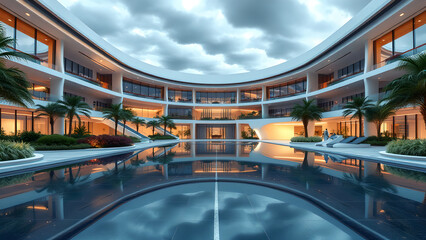 A futuristic, ultra-modern hospital with sleek, curved lines and expansive glass windows, surrounded by lush gardens and a reflecting pool,
