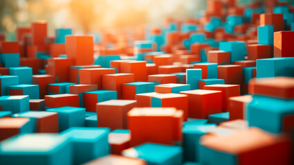 Obraz premium Crimson and Cerulean Wooden Blocks Create Layered Geometric Pattern, Serene Mood