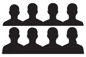 silhouette of eight people in a row with varied hairstyles and poses