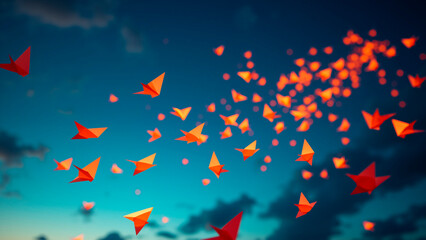 Crimson and Gold Paper Airplanes in Ethereal Indigo Twilight Geometric Pattern