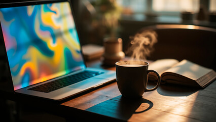 Sleek Laptop Amidst Dark Wood and Warm Steam, Reflective Textures