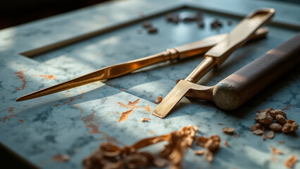 Sculptor's Tools Illuminate Cool Grey Marble Vein With Bronze Highlights