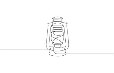 Abstract vintage kerosene lamp or lantern continuous one line art vector illustration, Single continuous line drawing vintage camping lantern on white background. 