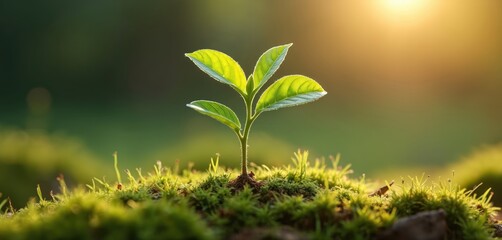 Tiny tree grows in garden in sun. New life sprout. Concept of environment, eco. Spring season, ecology, farming, gardening, growing, natural, life, protect, sustainability.