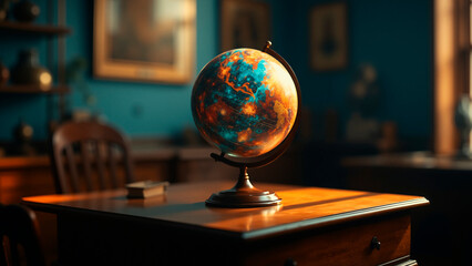 Swirling Nebula Globe on Antique Teacher's Desk - Timeless Knowledge & Cosmic Wonder