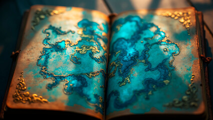 Aged Leather Passport with Iridescent Ink Swirls – Exotic Journey Theme