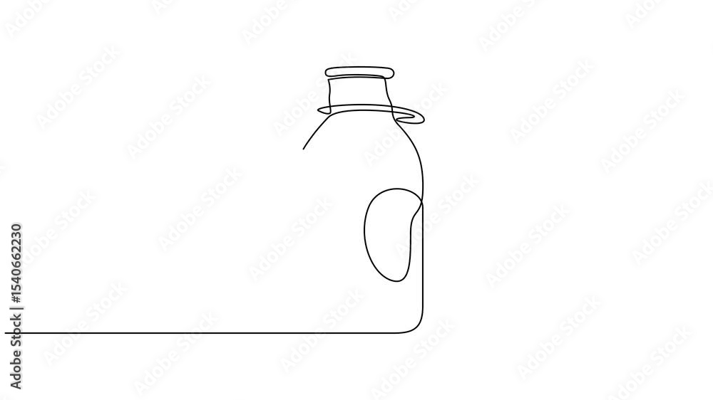 Poster self drawing animation of continuous line drawing of fresh cow milk inside bottle and glass, drinkin