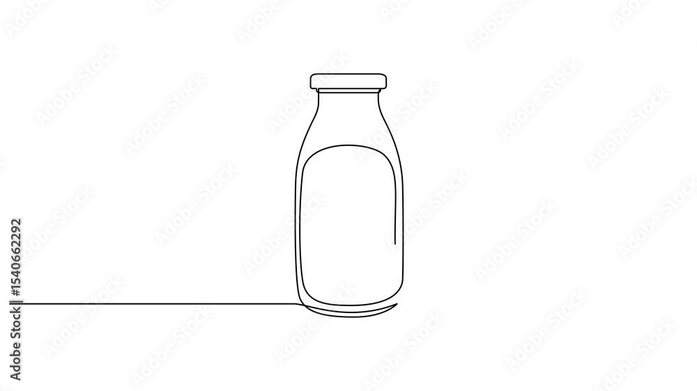 Poster self drawing animation of continuous line drawing of fresh cow milk inside bottle and glass, drinkin