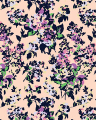 Floral seamless pattern with big flowers and Vector illustration.seamless floral watercolor pattern with garden pink, flowers roses, leaves, branches. Botanic tile, background.