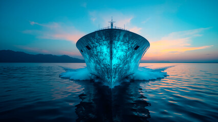 Iridescent Ferry Prow Reflections in Dark Twilight Ocean Waters