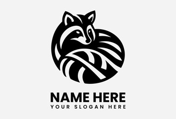 Stylized black and white raccoon logo curled up, with abstract striped design.