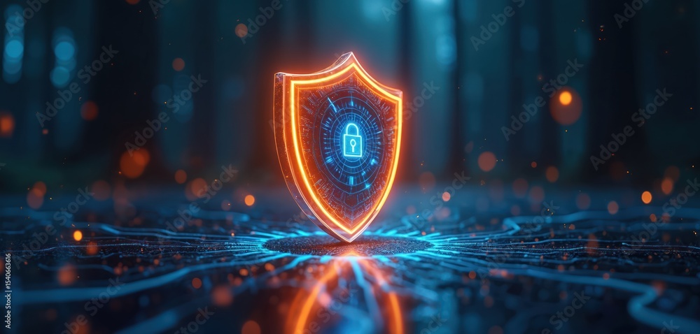 Poster futuristic cybersecurity concept. glowing shield icon data protection in digital landscape. represen