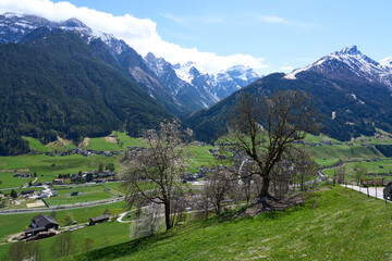 Kampl, Austria - April 19, 2025 - a small town in an alpine valley at Easter time
