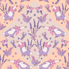 Floral pastel orange folk pattern. Fairytale geese in outfits, purple lavender flowers in fantasy garden illustration. Children light botanical print.