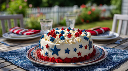 Red, White, and Blue Cake on Stars and Stripes Tray – Patriotic Icing under Maple Tree in Morning Sunshine