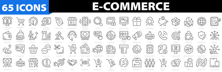 E-Commerce 65 icon set. Online shopping icons. Shop sign. Delivery elements collection. Editable stroke. Vector illustration