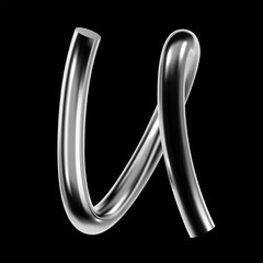 Glossy 3D chrome letter U with metallic tubular shape and twisted stroke. Silver alphabet symbol in futuristic Y2K digital style