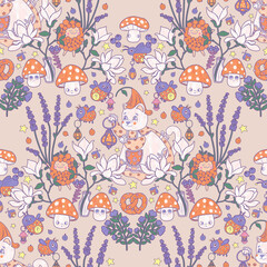 Floral orange folk pattern. Fairytale characters, mushrooms and flowers in a fantasy garden illustration. Children light beige botanical print.