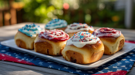 Red, White and Blue Cinnamon Rolls on Patriotic Tray – Morning 4th of July Breakfast Under Maple Tree