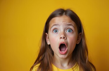 Young girl expression surprise on yellow background. Astonished child with open mouth, wide eyes. Facial expression, shock, amazement, disbelief. Emotion of surprise, amazement. Human behavior