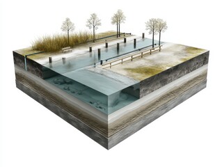 Technical diagram of an aquifer under agricultural land, showing water intake for irrigation, in the context of an irrigation system