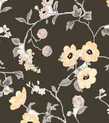 Floral seamless pattern with big flowers and Vector illustration.seamless floral watercolor pattern with garden pink, flowers roses, leaves, branches. Botanic tile, background.