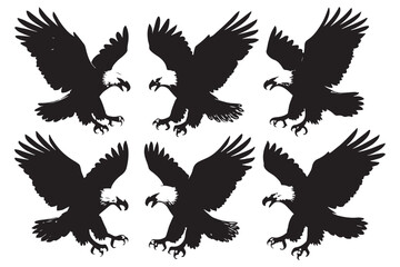 Obraz premium Black silhouettes of flying eagles with spread wings in various poses