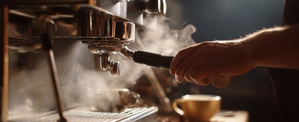 The art of brewing espresso with steam and precision in a cozy cafe.