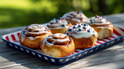 Red, White and Blue Cinnamon Rolls on Patriotic Tray – Morning 4th of July Breakfast Under Maple Tree