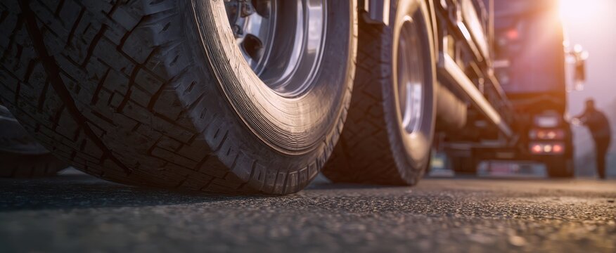 The close-up view of truck tires on asphalt road during sunset.