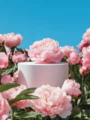 Photograph of a white podium surrounded by pink peonies, composition in the air, background blue sky, on several peonies with pink fabric, a pair of peonies and green leaves. Product mockup