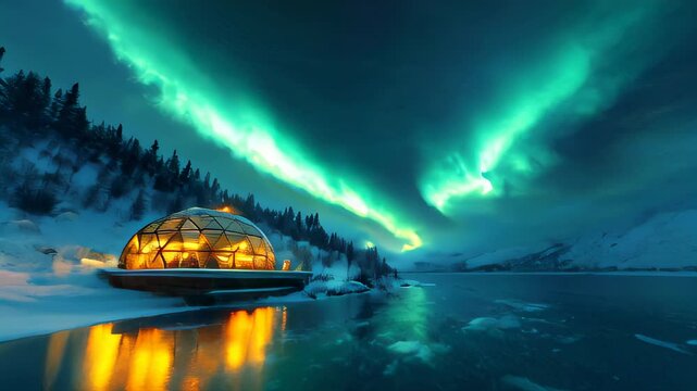Watching the northern lights dance across the arctic sky from a cozy glass igloo