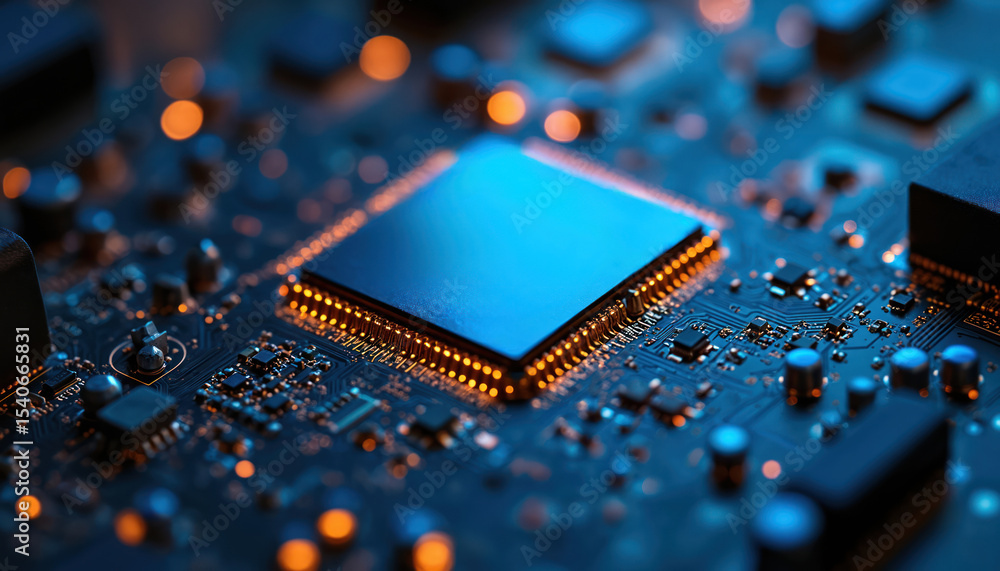 Aufkleber Macro photo of computer motherboard circuit board. Modern tech background with microchip, digital components, processors, hardware. High-tech, engineering, digital, hardware, computer science, tech