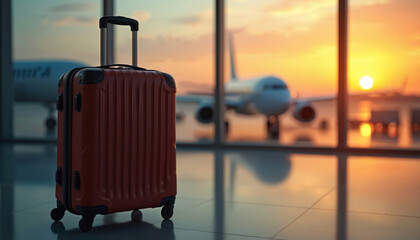 Red suitcase on wheels in airport terminal during sunset. Airplane blurred background. Travel, tourism, vacation, journey concept. Luggage ready for flight. Holiday, business trips.