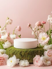 Elegant product mockup scene on moss-covered podium, surrounded by soft pink and white flowers like peonies and ranunculus, pastel pink background, minimal spring composition, dreamy light
