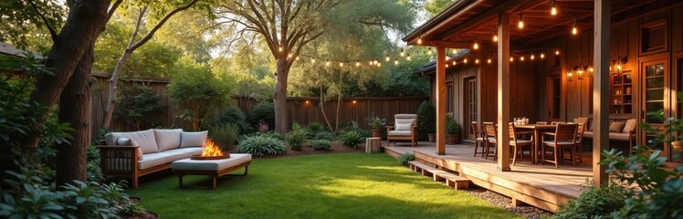 Cozy backyard with outdoor furniture, perfect place for entertaining, relaxing. Natural garden setting with lounge seating, table, chair. Fire pit for gathering. Bright sunlight creates inviting mood.