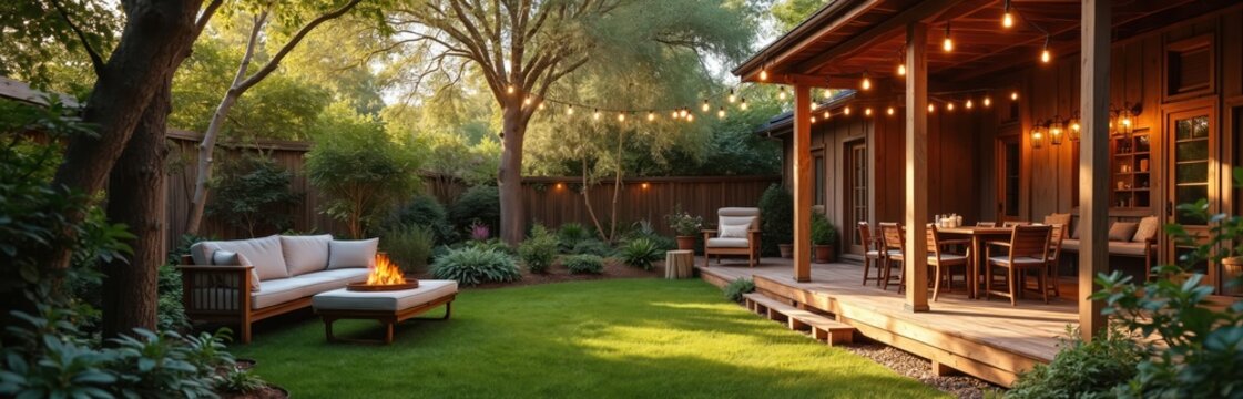 Cozy backyard with outdoor furniture, perfect place for entertaining, relaxing. Natural garden setting with lounge seating, table, chair. Fire pit for gathering. Bright sunlight creates inviting mood.