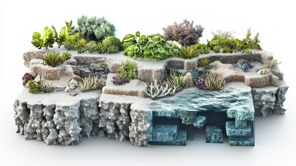 Detailed technical diagram of the biotechnological stabilizer of coastal reefs, showing modular reef blocks, coral attachment layers, marine habitats in the context of marine creatures