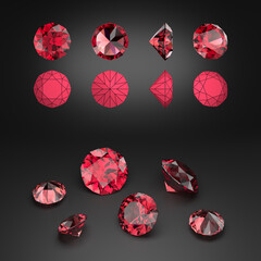 Demonstration of a diamond cut ruby ​​from different angles. Scheme of cutting. Scattering of gemstones. Black background. 3d rendering.