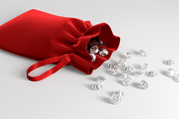 Velvet red bag with scattered diamonds on white background. Exhibition of precious stones. Jewelry industry. 3d rendering.